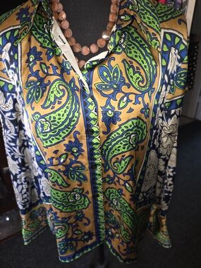 Zara Mustard Paisley Blouse with Green & Blue Accents